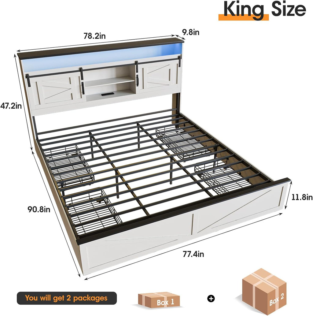 Fameill Farmhouse King Size Bed Frame with 4 Drawers and Bookcase Headboard, Sliding Barn Door Storage Shelves, LED Lights and Charging Station, No Box Spring Needed, Antique White