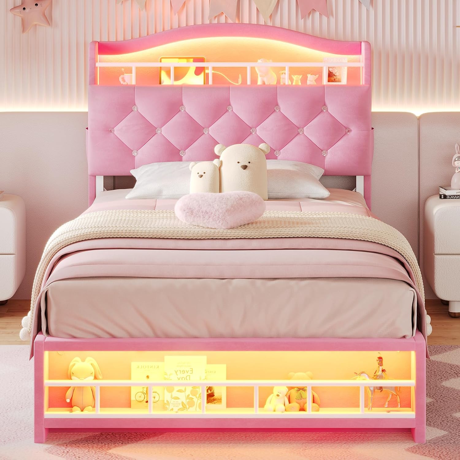 BTHFST Twin Szie Girls Bed with LED Lights & Charging Station, Princess Twin Size Bed Frame with Hidden Storage Headborad, Sturdy Platform Bed, No Box Spring Needed/Noise-Free/Easy Assembly, Pink