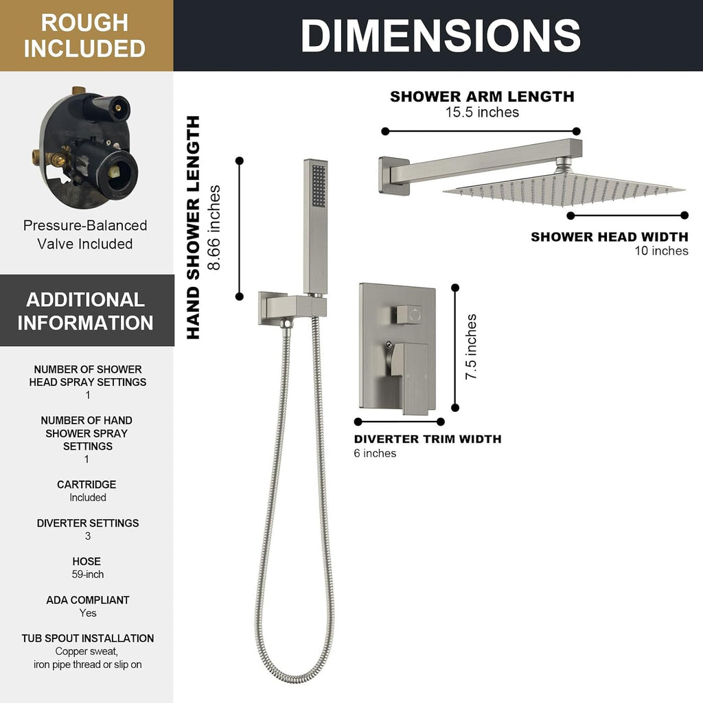 Lava Odoro Modern 2-Setting Square Shower System with Rain Shower Head and Handheld Spray Brushed Nickel, Rainfall Shower Faucet Set Brushed Nickel, Shower Valve and Trim Kit, SF103-BN