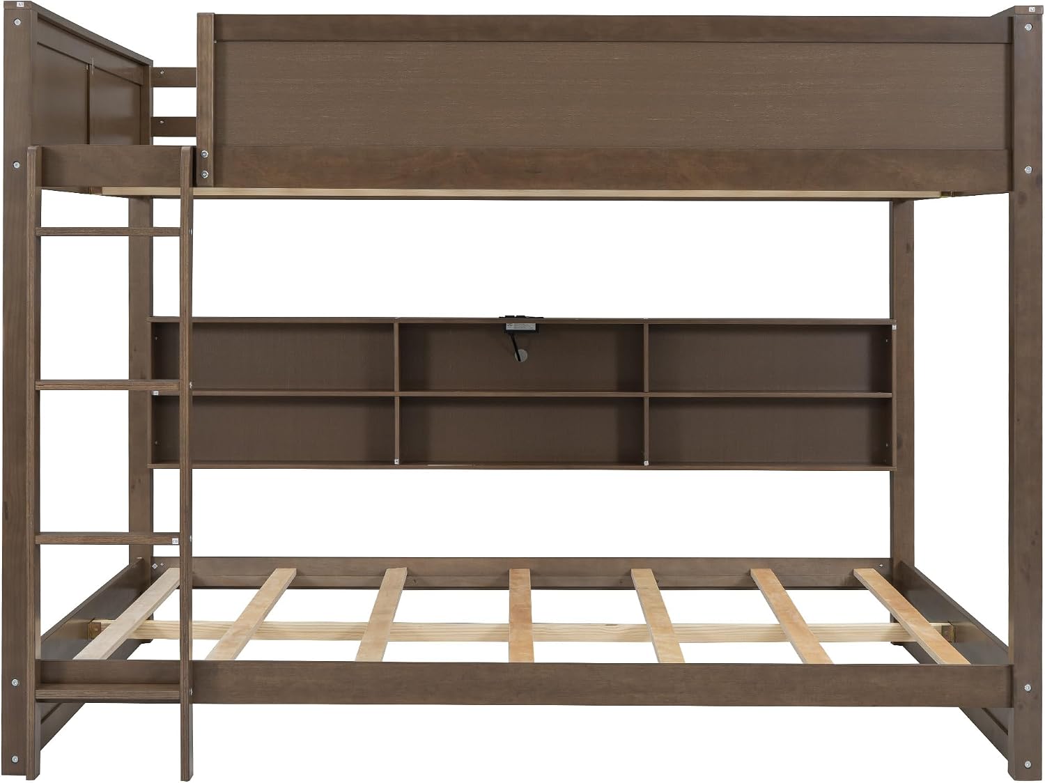 Queen Over Queen Bunk Bed with Built-in Shelves and USB Ports, Solid Wood Bunk Bed Frame with Safety Guardrail, for Kids Boys Girls Bedroom, No Box Spring Needed (Antique Wood Color)