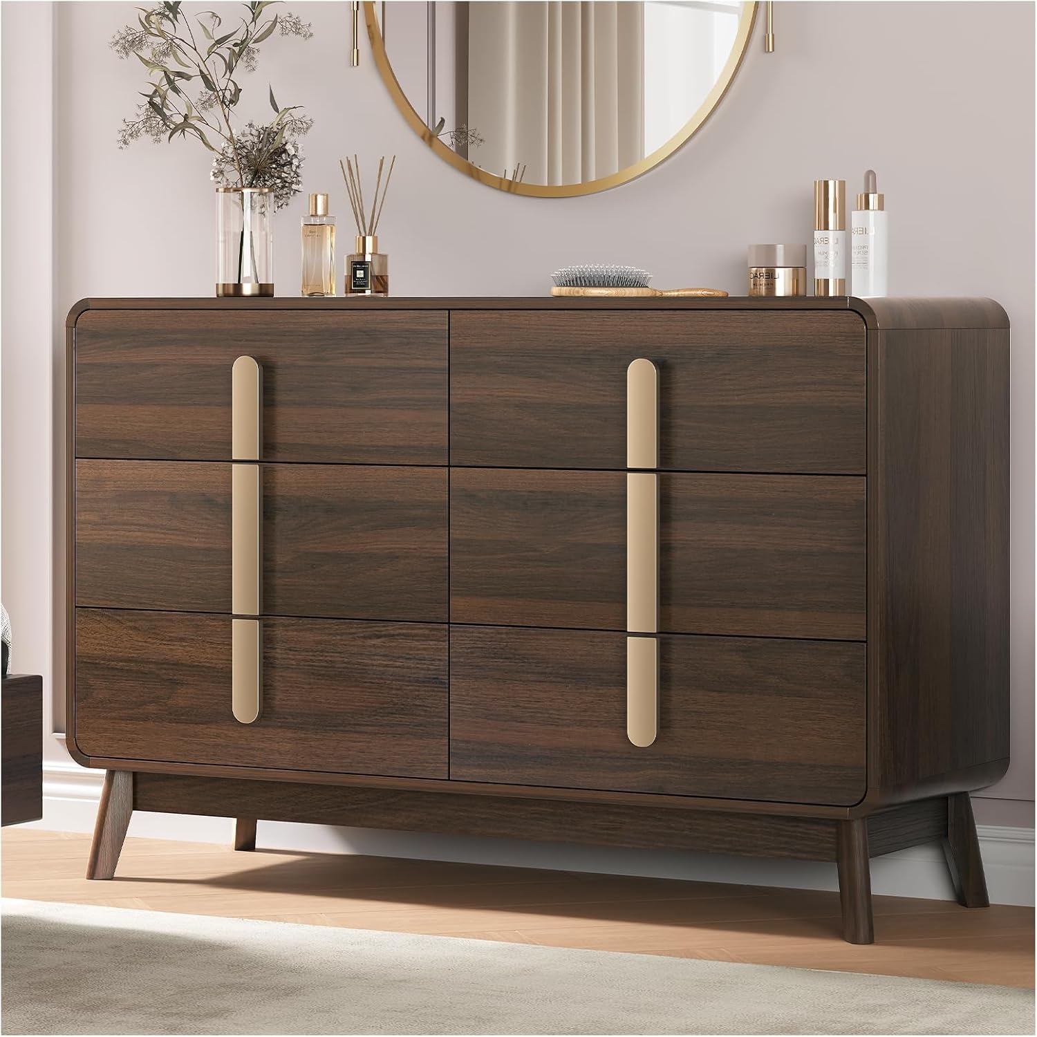 JOINICE Dresser for Bedroom with 6 Drawers,Mid Century Modern Dresser with Storage,47' Wide Chest of Drawers with Metal Handles,Large Wood Drawer Organizer for Bedroom,Living Room,Hallway,Walnut