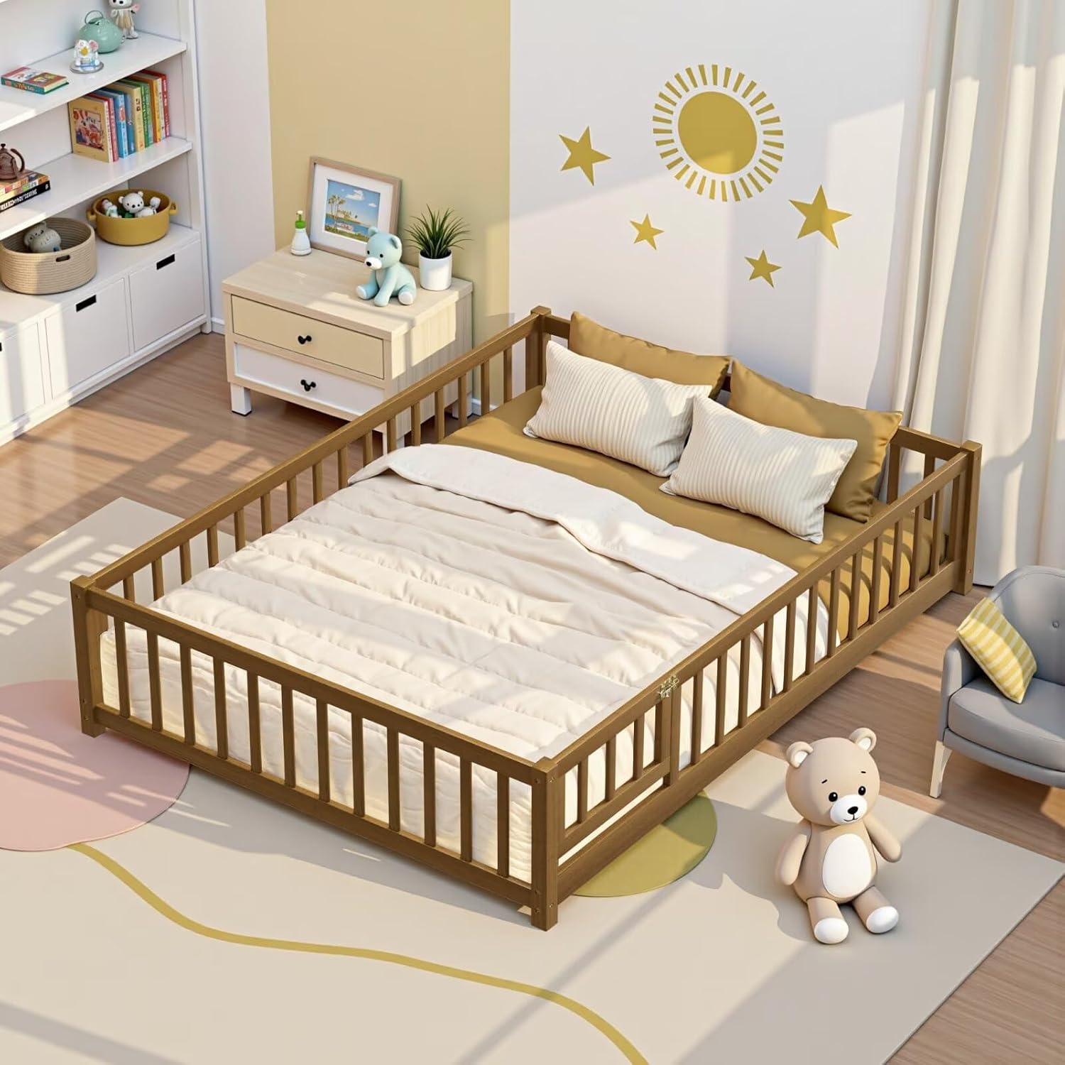 i-POOK Full Floor Bed Frame with Wood Slats, High Fence & Small Door, Pinewood Montessori Floor Bed for Girls and Boys,Light Espresso