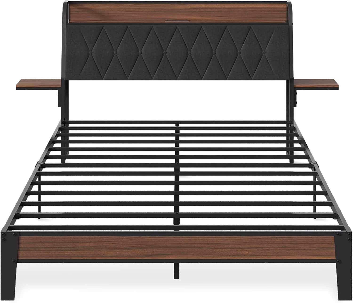 WLIVE Queen Bed Frame with Headboard, Upholstered Bed Frame with 2 Storage Shelves, Platform Bed with LED Lights and Charging Station, 1500LBS Mattress Foundation, No Box Spring Needed, Black