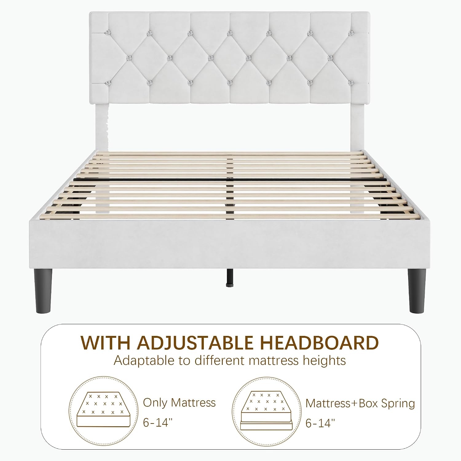 VECELO Full Size Bed Frame with Diamond Tufted Headboard, Upholstered Platform Bedframe with Wood Slat Support, No Box Spring Needed, Velvet & White