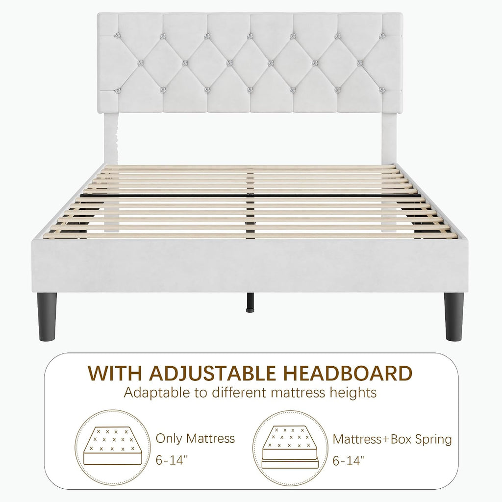 VECELO Queen Size Bed Frame with Diamond Tufted Headboard, Upholstered Platform Bedframe with Wood Slat Support, No Box Spring Needed, Velvet & White