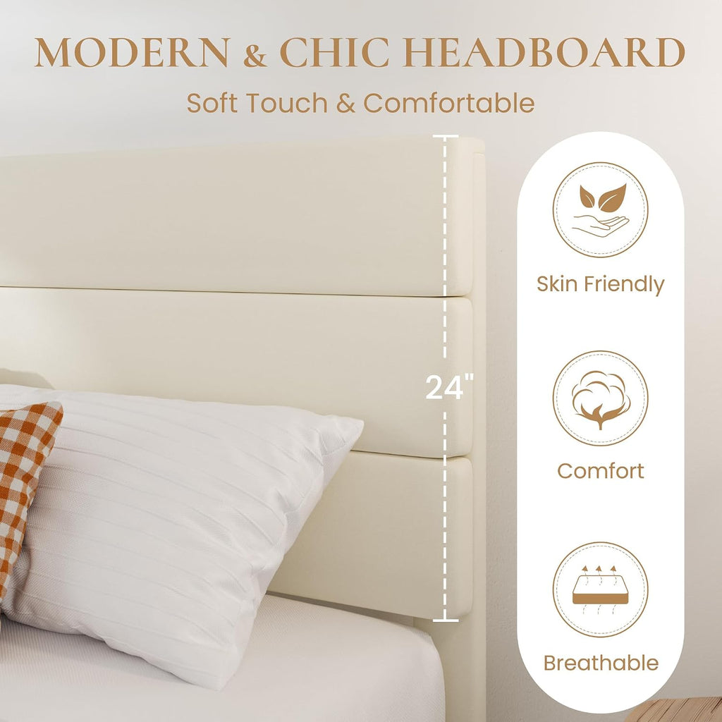 SHA CERLIN Queen Platform Bed Frame with Velvet Upholstered Headboard, Mattress Foundation with Strong Wooden Slats Support, No Box Spring Needed, Cream