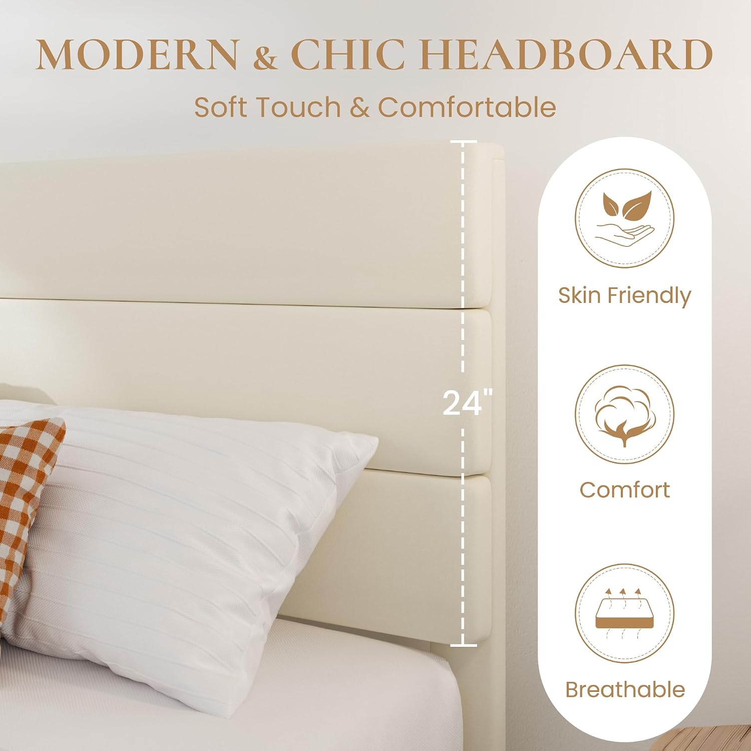 SHA CERLIN Queen Platform Bed Frame with Velvet Upholstered Headboard, Mattress Foundation with Strong Wooden Slats Support, No Box Spring Needed, Cream