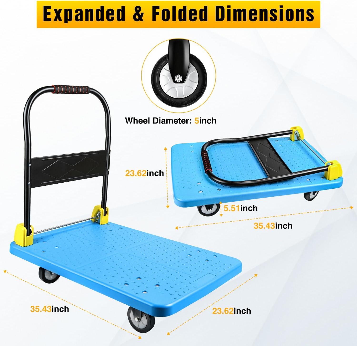 Heavy Duty Platform Cart, 1100 lbs Capacity Push Cart Dolly with 5-Inch TPR Silent Wheels, 35.4 x 23.6 Inch PP Deck Flatbed Cart for Home & Industrial Use, Black