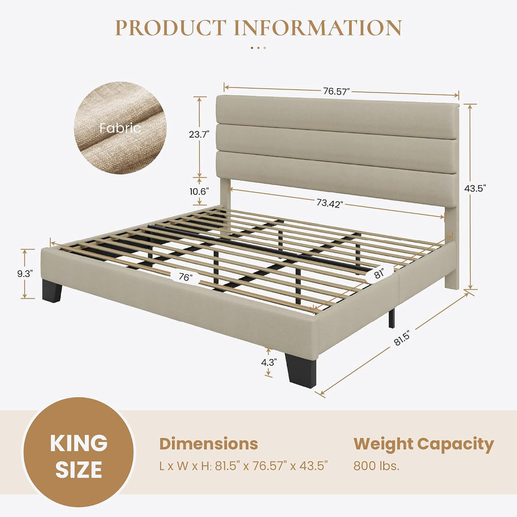 SHA CERLIN King Platform Bed Frame with Upholstered Fabric Headboard, Mattress Foundation with Strong Wooden Slats Support, No Box Spring Needed, Beige