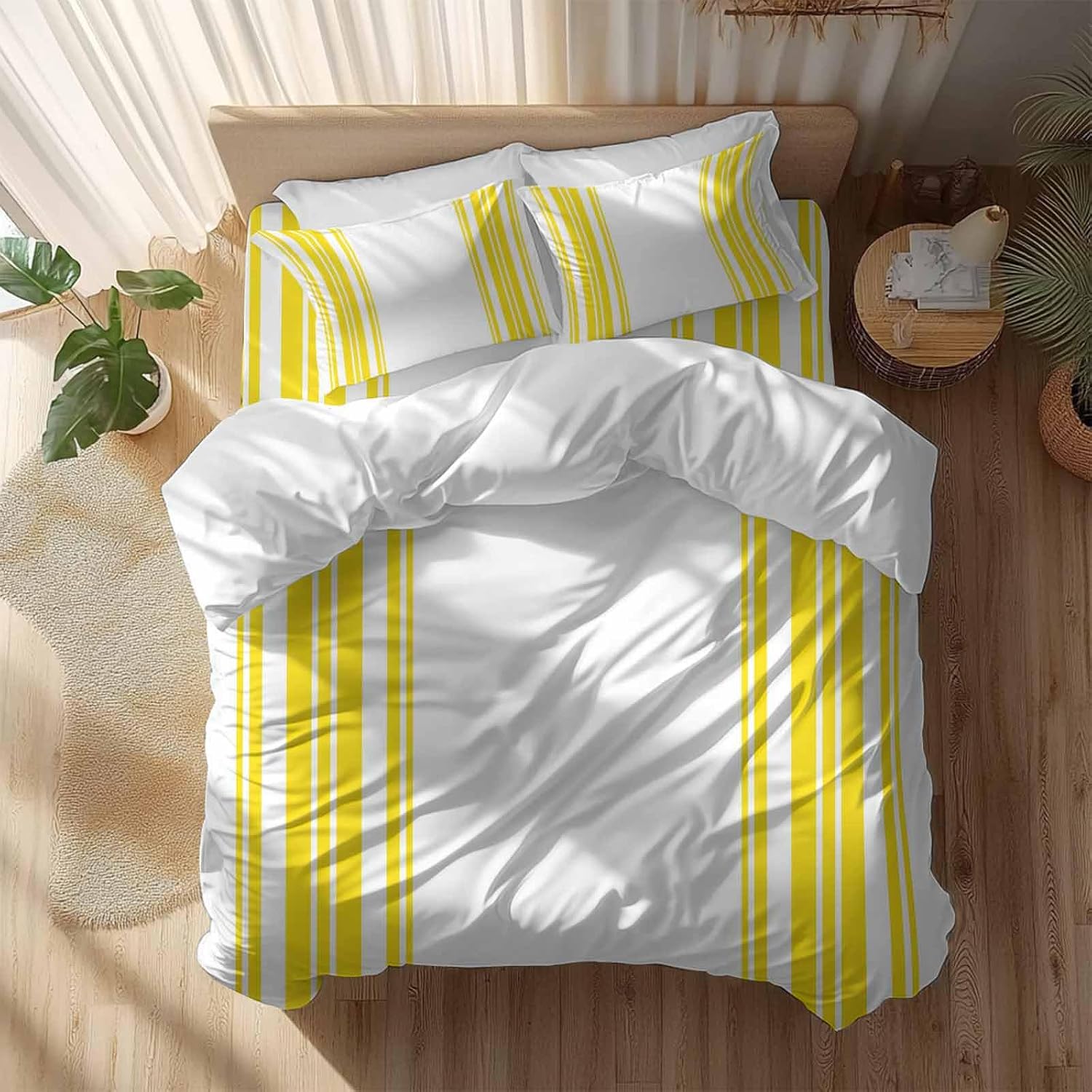 Yellow and White Striped Duvet Cover Set Queen Size 4 Pieces Modern Minimalist Vertical Lines Bedding Set with Zipper Closure, 1 Comforter Cover 86x86 Inches 1 Flat Sheet & 2 Pillow Cases