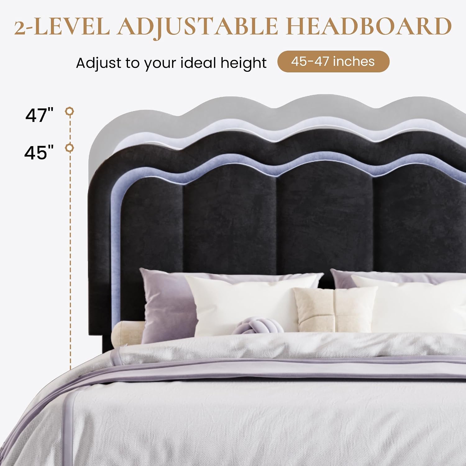 SHA CERLIN Upholstered Queen Size Bed Frame with LED Lights and Large Storage Drawer, Velvet Platform Bed with Adjustable Wavy Headboard, Noise Free, Easy Assembly, No Box Spring Needed, Soft Black