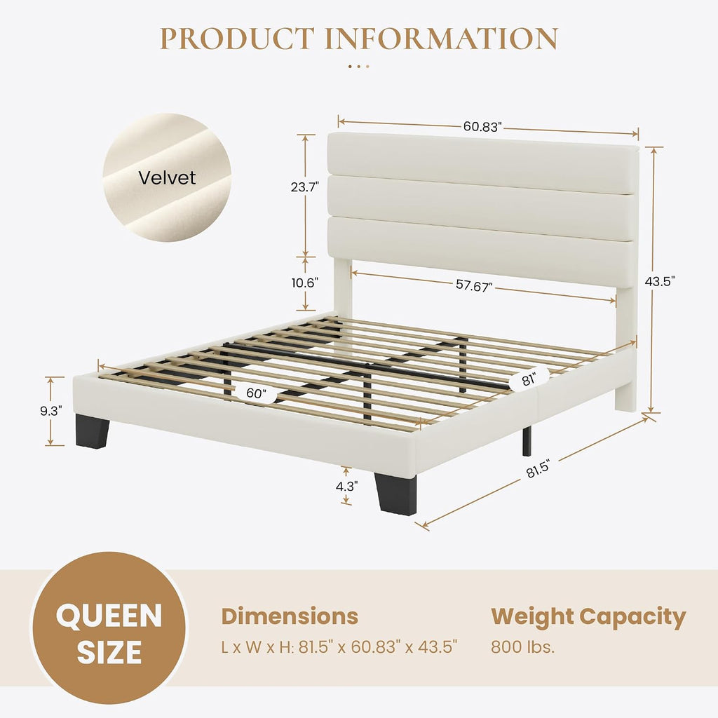 SHA CERLIN Queen Platform Bed Frame with Velvet Upholstered Headboard, Mattress Foundation with Strong Wooden Slats Support, No Box Spring Needed, Cream