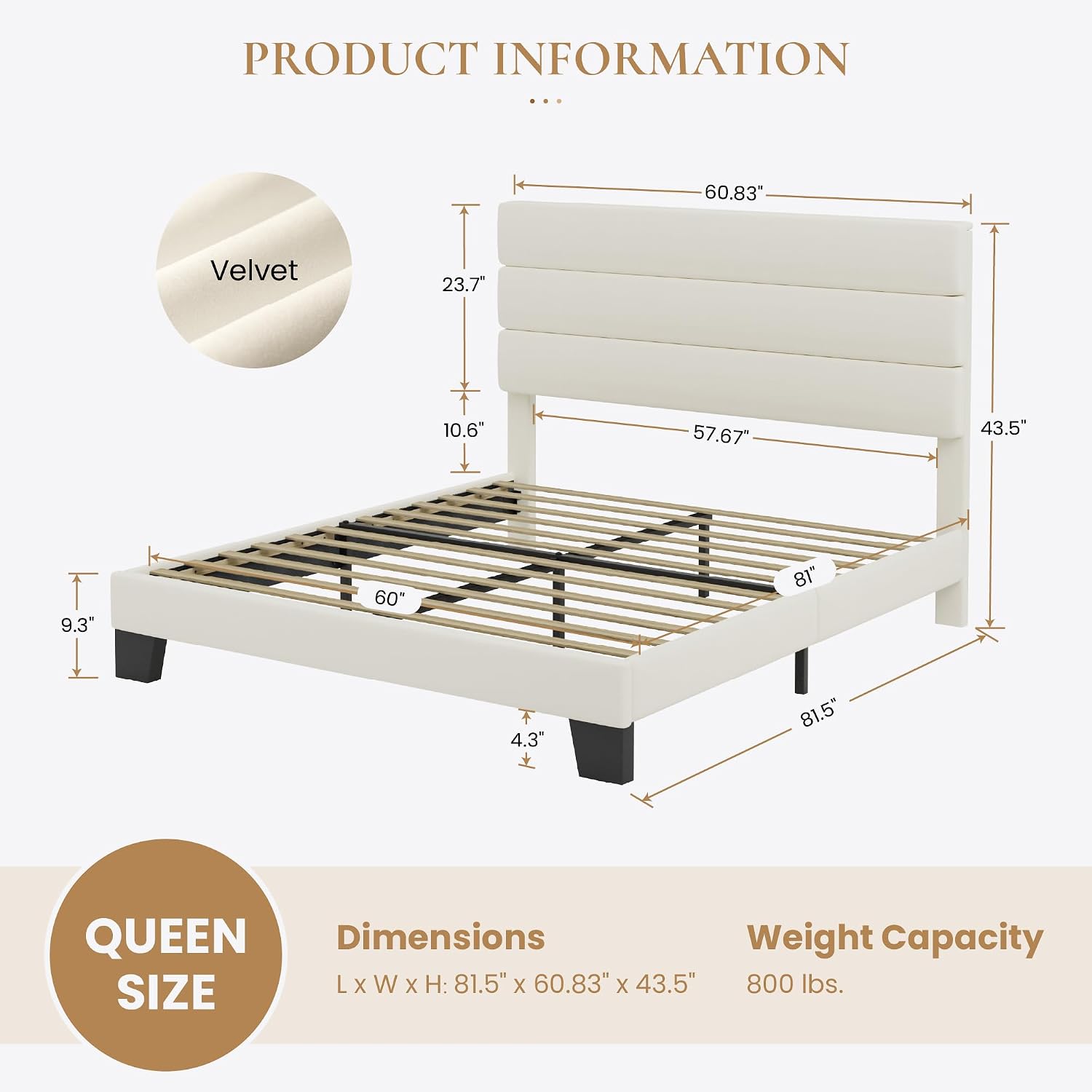 SHA CERLIN Queen Platform Bed Frame with Velvet Upholstered Headboard, Mattress Foundation with Strong Wooden Slats Support, No Box Spring Needed, Cream