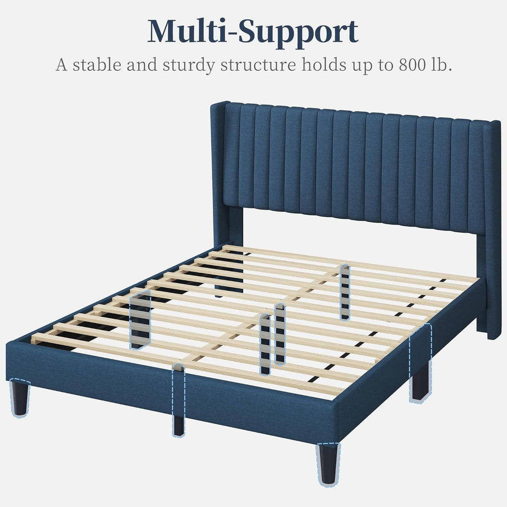 Yaheetech Queen Bed Frame Upholstered Platform Bed with Fabric Headboard, Wing Edge Design/Non-Slip and Noise-Free/Wooden Slats Support/No Box Spring Needed/Easy Assembly, Navy Blue Queen Bed