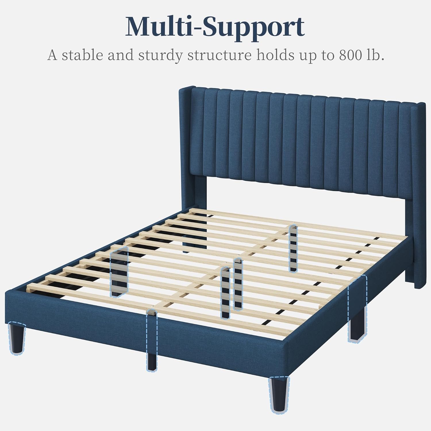 Yaheetech Queen Bed Frame Upholstered Platform Bed with Fabric Headboard, Wing Edge Design/Non-Slip and Noise-Free/Wooden Slats Support/No Box Spring Needed/Easy Assembly, Navy Blue Queen Bed