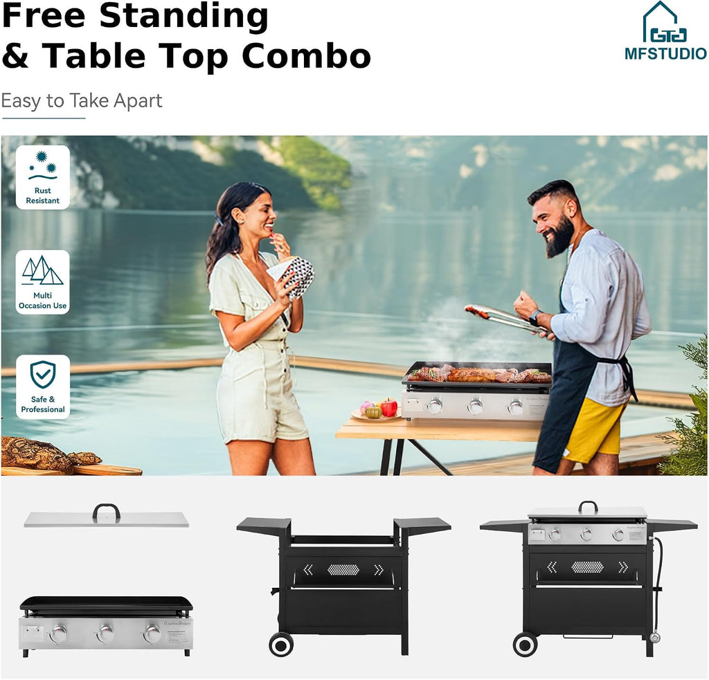 MFSTUDIO Flat Top Grill with Ceramic Coated Cast Iron Griddle, 3-Burner Propane Gas BBQ Griddle Grill, Outdoor Barbecue Grill,33,000 BTU,Black