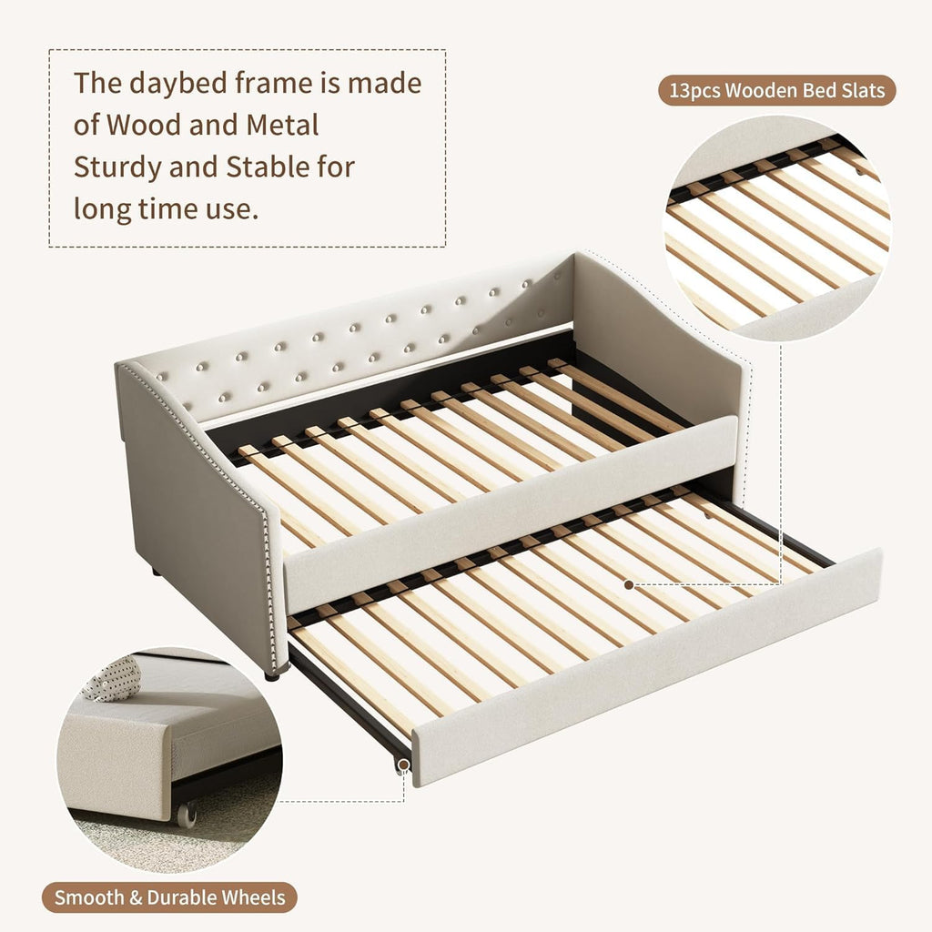 Upholstered Daybed with Trundle, Twin Size Day Bed w/Button-Tufted Back and Piping on Waved-Shape Arms for Bedroom or Guest Room, No Box Spring Required,Beige