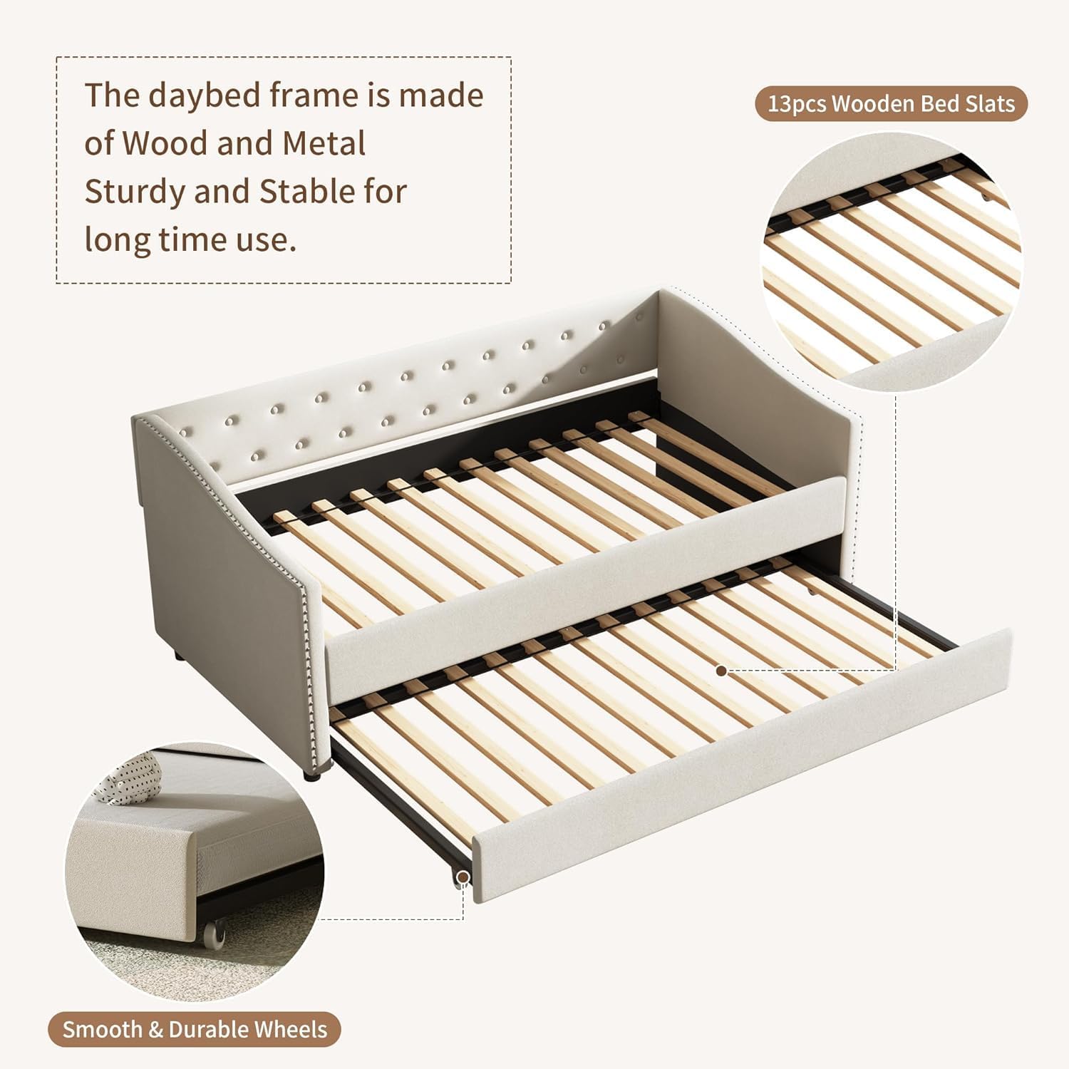 Upholstered Daybed with Trundle, Twin Size Day Bed w/Button-Tufted Back and Piping on Waved-Shape Arms for Bedroom or Guest Room, No Box Spring Required,Beige