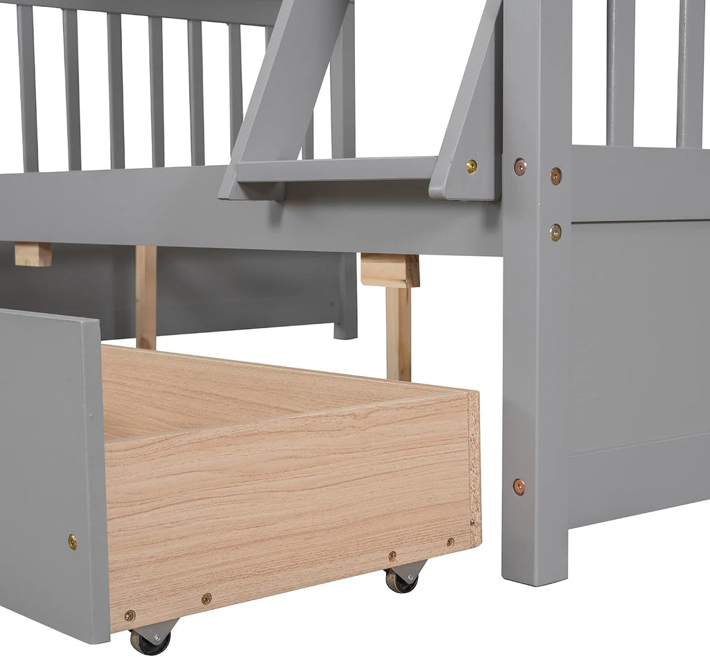 Harper & Bright Designs Twin Over Full Bunk Bed with Two Storage Drawers, Guardrails and Ladder, Solid Wood Bunk Bed Convertible to 2 Separated beds (Grey)