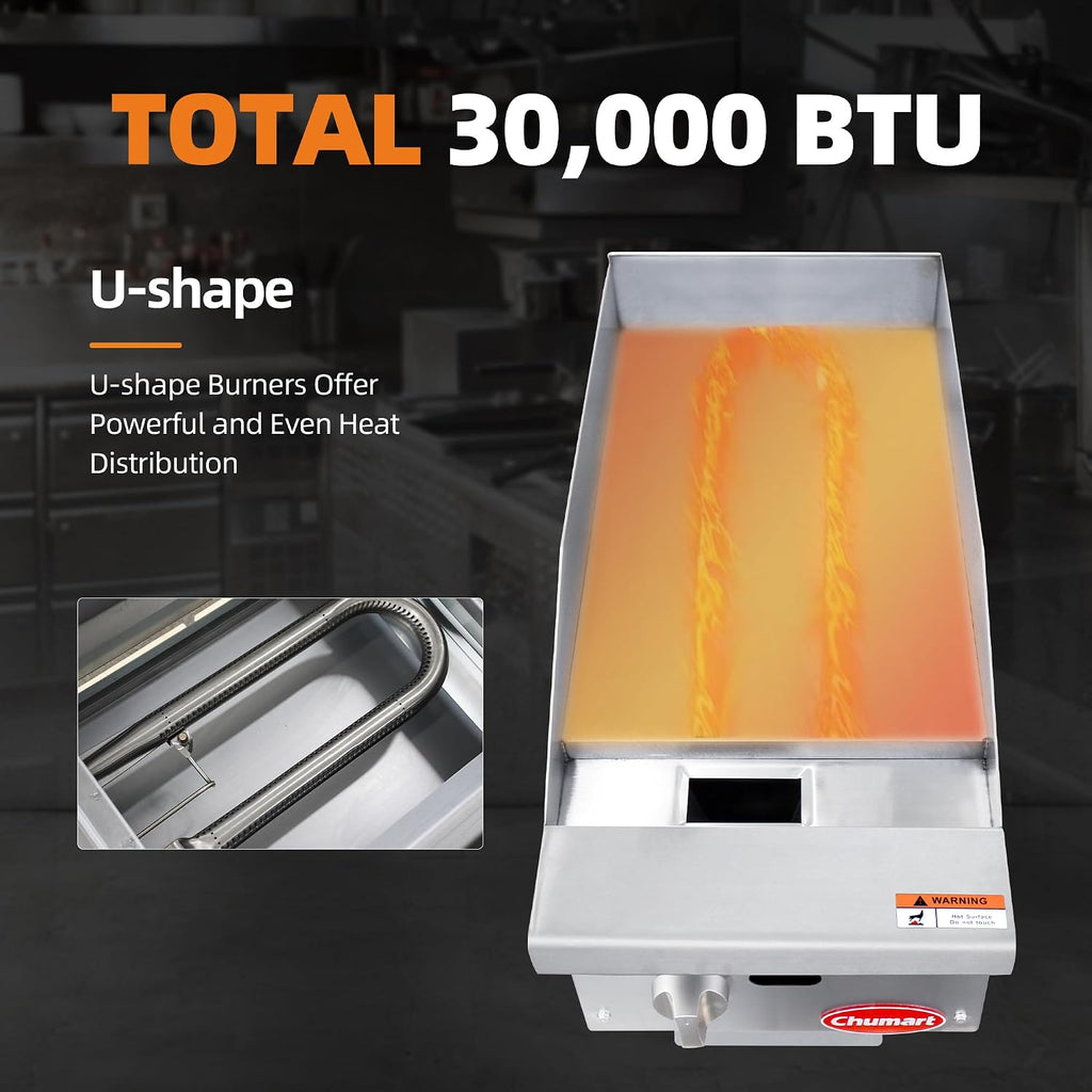 12' Commercial Countertop Griddle, Single Burners Gas Griddle, 30000 BTU Output, Stainless Steel Flat Top Grill Hot Plate with Natural Gas and Propane Conversion Kit for Restaurant, Food Truck