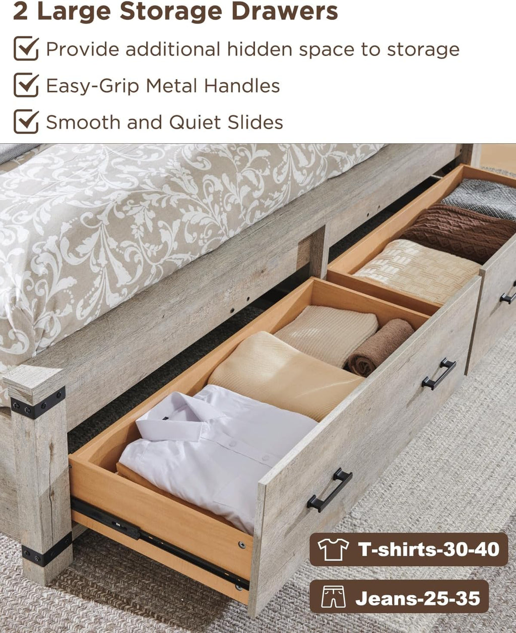 RedLemon Farmhouse Queen Size Wood Bed Frame with 54' Tall Geometric Headboard, 2 Large Storage Drawers, Solid Wood Slats Support, Noise Free, No Box Spring Needed, Light Rustic Oak