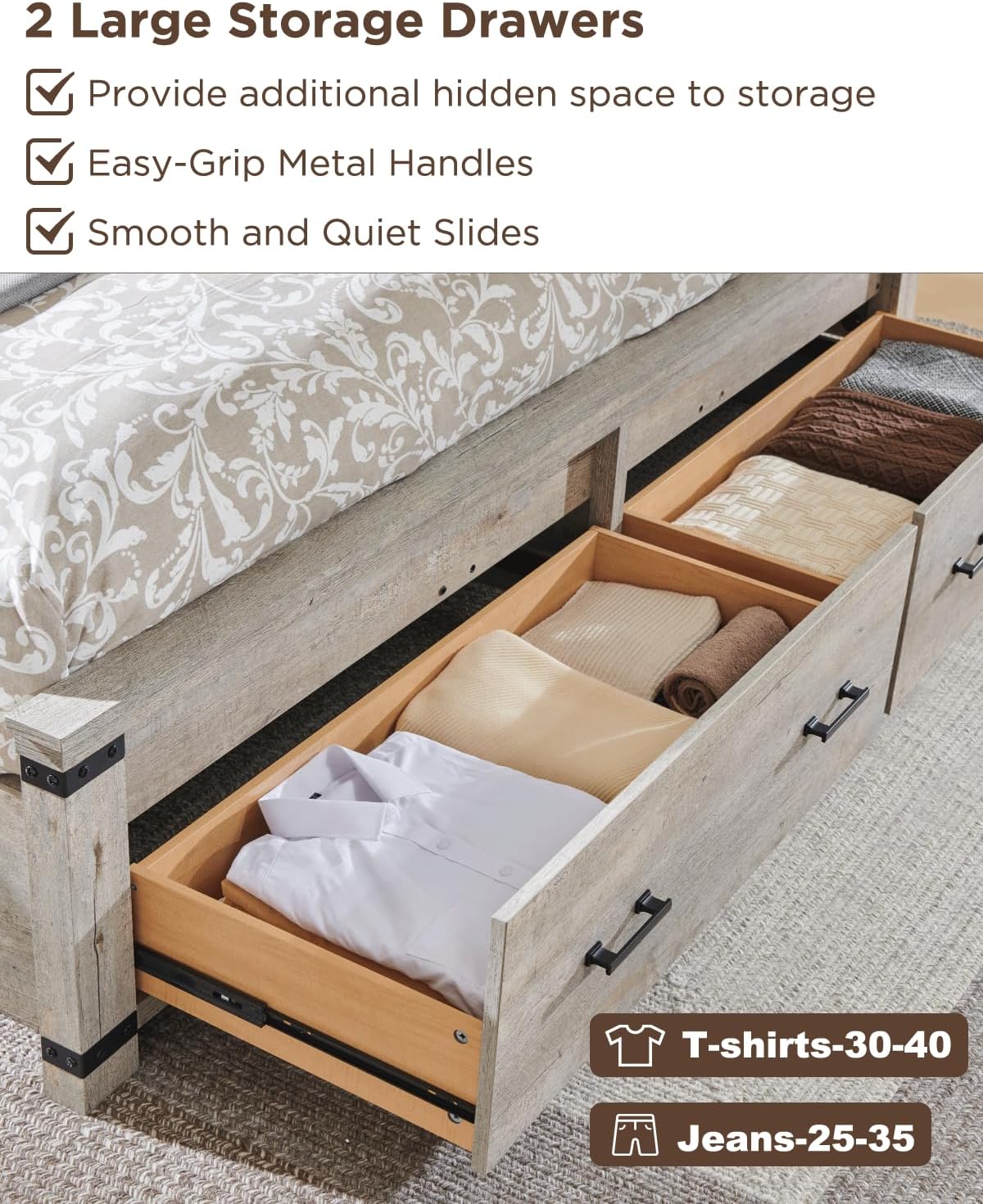 RedLemon Farmhouse Queen Size Wood Bed Frame with 54' Tall Geometric Headboard, 2 Large Storage Drawers, Solid Wood Slats Support, Noise Free, No Box Spring Needed, Light Rustic Oak