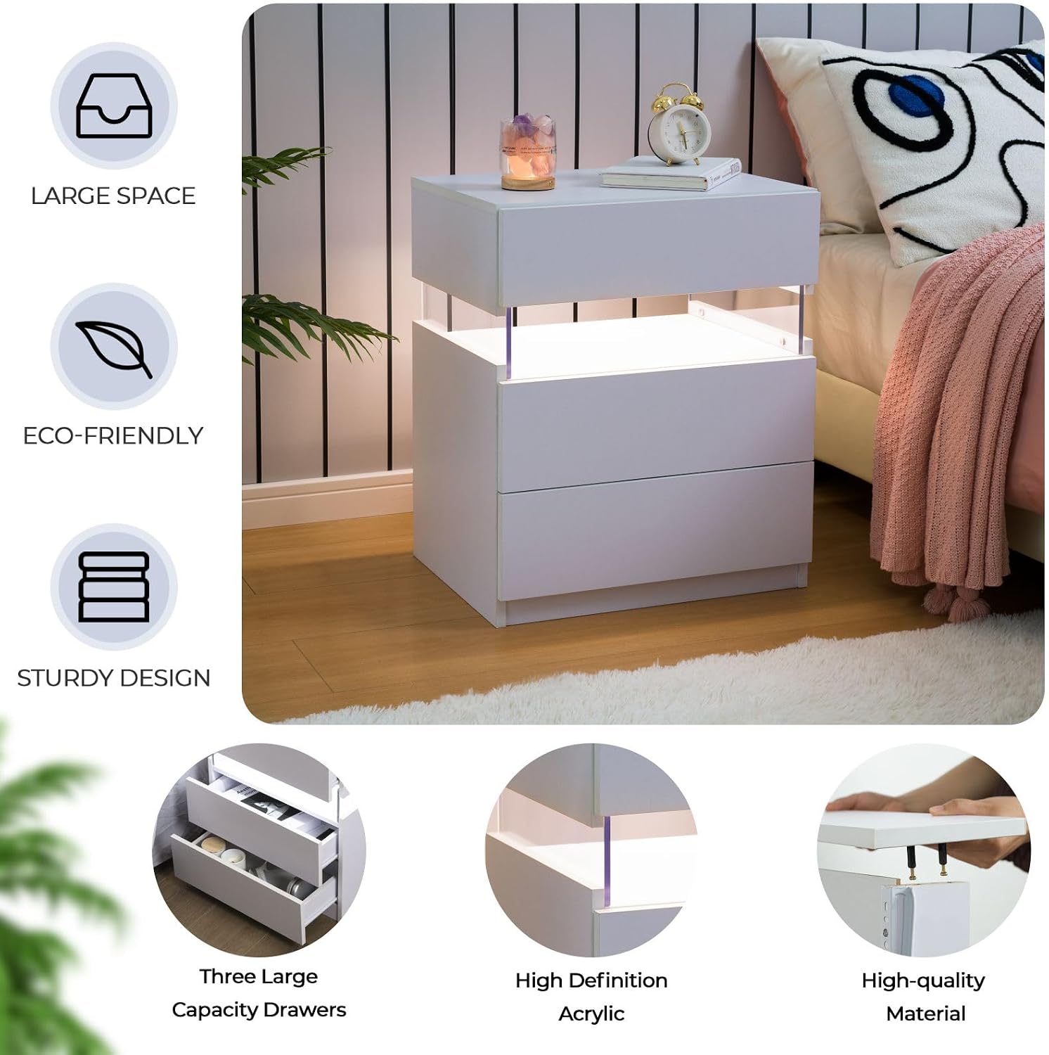 i-aplus White LED Nightstand Set of 2,Night Stand Set 2,Modern Night Stand with 3 Drawers,Night Stands for Bedroom Set of 2,Bedside Table Suitable for Small Spaces and Indoor use Capabilities
