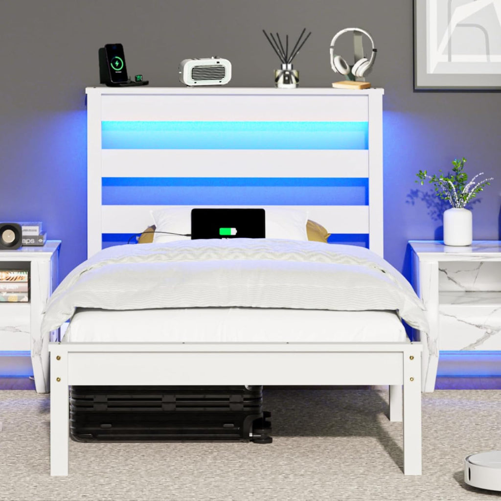 Bonnlo Solid Wood Twin Size Bed Frame with Storage Shelf Headboard, Charging Station and LED Lights, White Platform Panel Bed for Kids,Teens Adults, Mattress Foundation Replacement