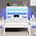 Bonnlo Solid Wood Twin Size Bed Frame with Storage Shelf Headboard, Charging Station and LED Lights, White Platform Panel Bed for Kids,Teens Adults, Mattress Foundation Replacement