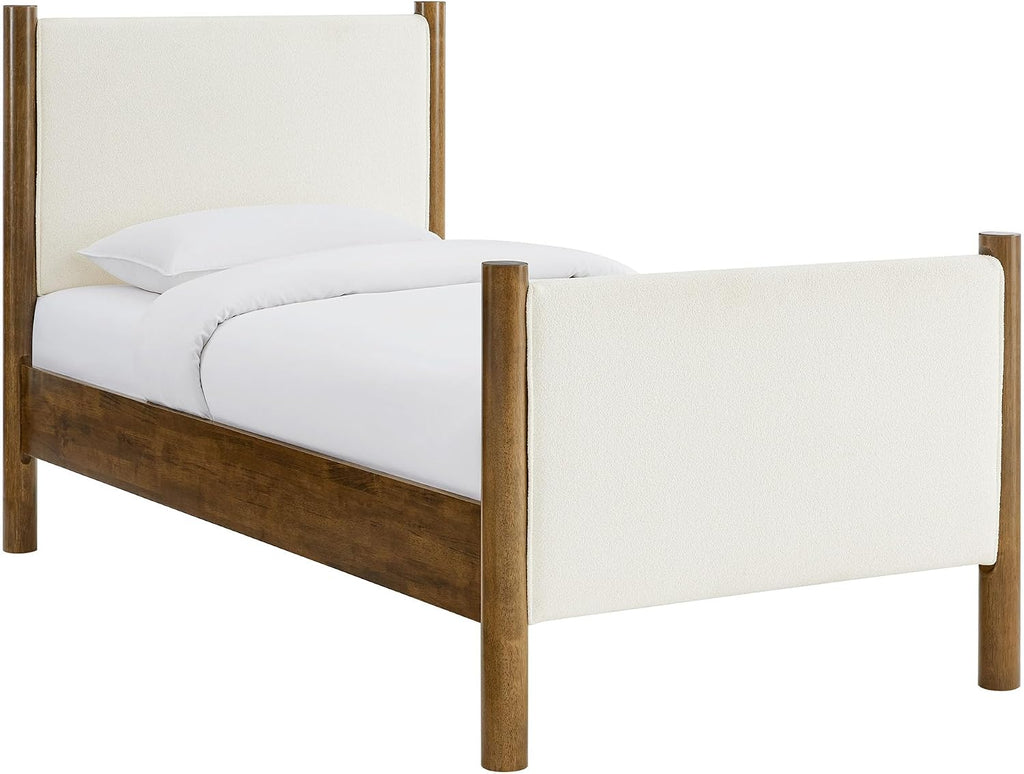 Modway Maven Twin Size Bed Frame in Feather Walnut with Upholstered Boucle Headboard and Footboard – Wood Twin Platform Bed Frame – No Box Spring Needed