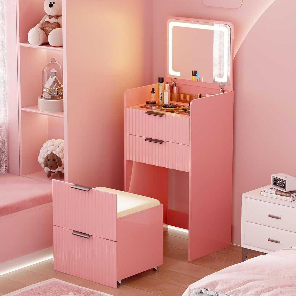 Lvifur 3 in 1 Small Vanity Desk with Plip Top Mirror,Makeup Vanity Set with Visible Glass Desktop,Compact Vanity with 3 Drawers,Storage Compartment and Padded Stool,Dressing Table for Bedroom,Pink