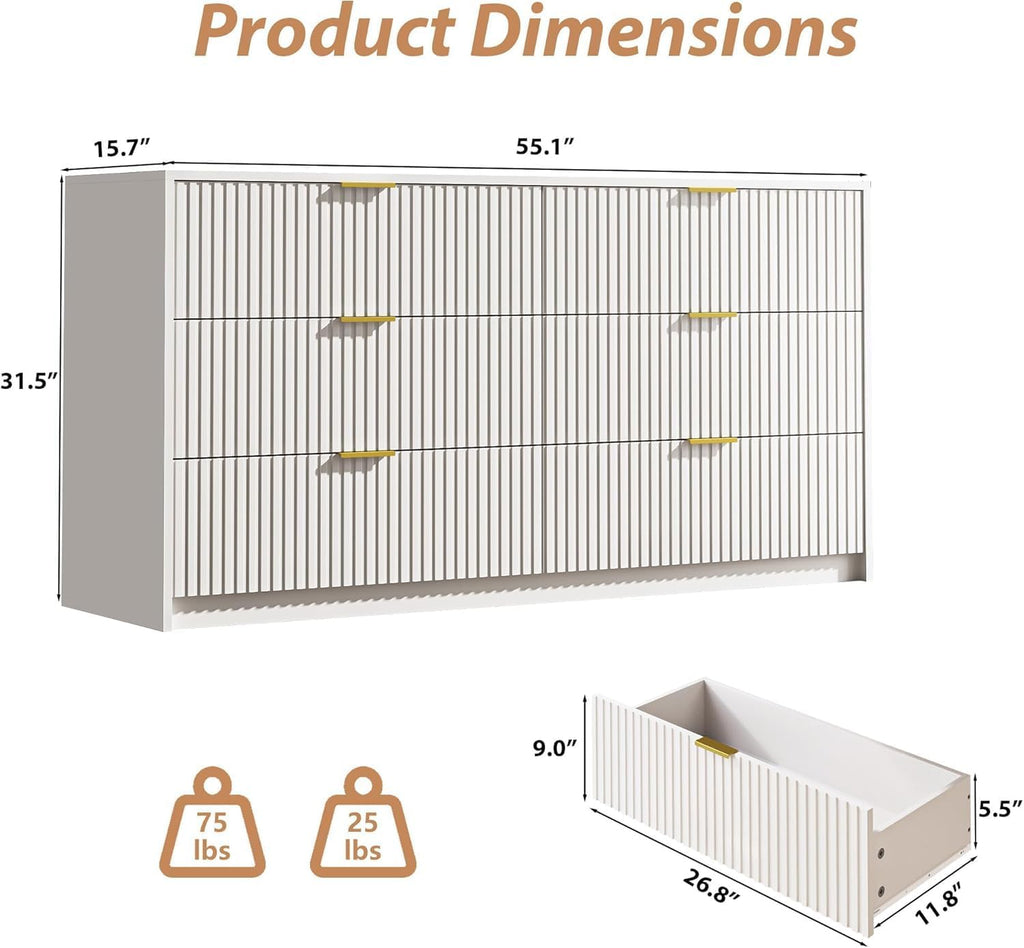 MAISONARIA 3-Piece Dresser Bedroom Set, 6 Drawer Dresser & 3 Drawer Dresser with Gold Handles, Fluted Wood Chest of Drawers for Bedroom, Living Room, Entryway, White