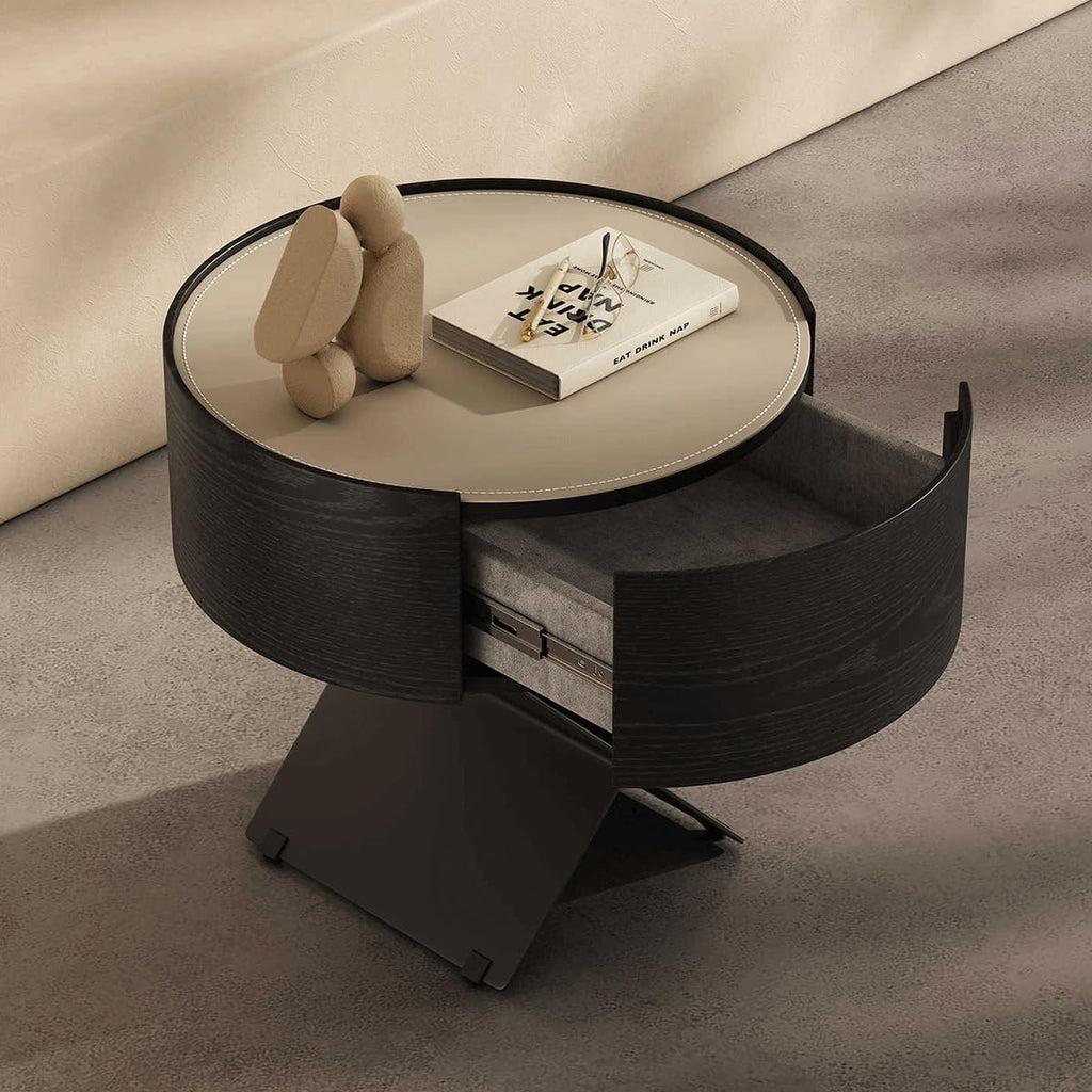 Modern Minimalist Circular Bedside Table, Black Wood Grain Storage Cabinet with Single Drawer, Suitable for Minimalist Decoration in bedrooms and Living Rooms((16x16x20in))