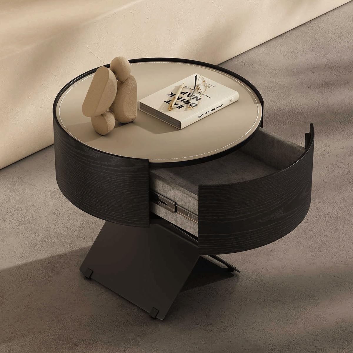 Modern Minimalist Circular Bedside Table, Black Wood Grain Storage Cabinet with Single Drawer, Suitable for Minimalist Decoration in bedrooms and Living Rooms((16x16x20in))