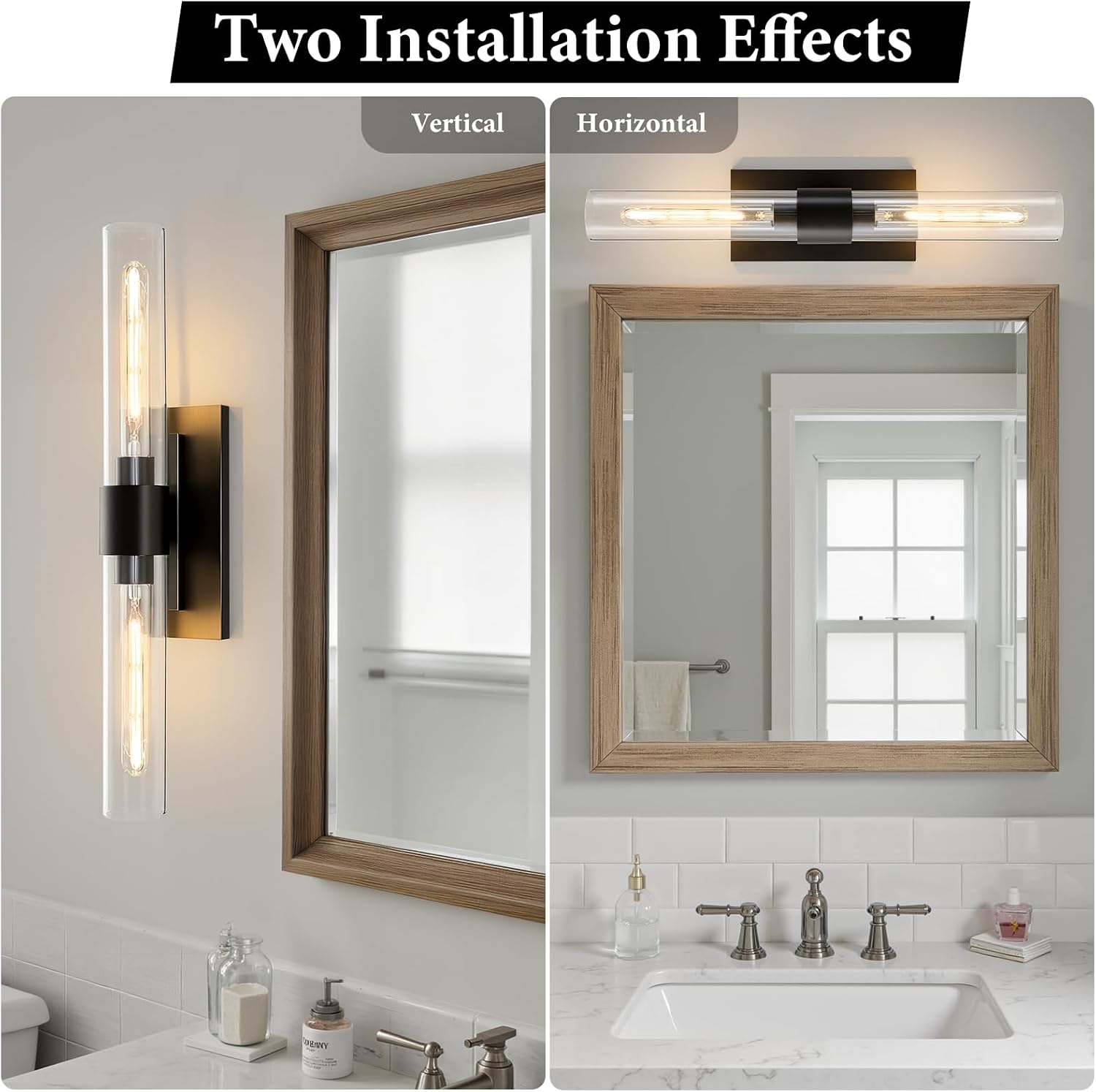 Black Brass Bathroom Wall Sconce - Modern Linear Light Sconces - Dimmable Lighting Fixtures - Vertical or Horizontal Mounted Clear Glass Tube Vanity Lights for Indoor Living Room Hallway