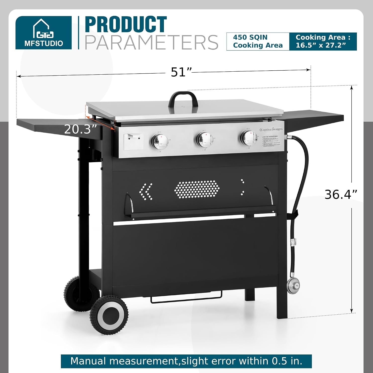 MFSTUDIO Flat Top Grill with Ceramic Coated Cast Iron Griddle, 3-Burner Propane Gas BBQ Griddle Grill, Outdoor Barbecue Grill,33,000 BTU,Black