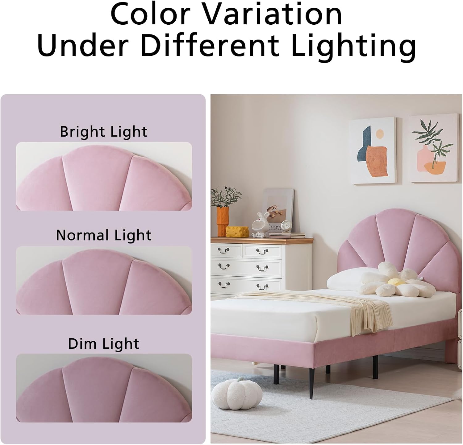 VELOCAVA Pink Twin Bed with Seashell Headboard, Velvet Upholstered Platform Bed Frame for Girls Kids with Wooden Slats Support, No Box Spring Needed, Easy Assembly, Princess Pink Bed