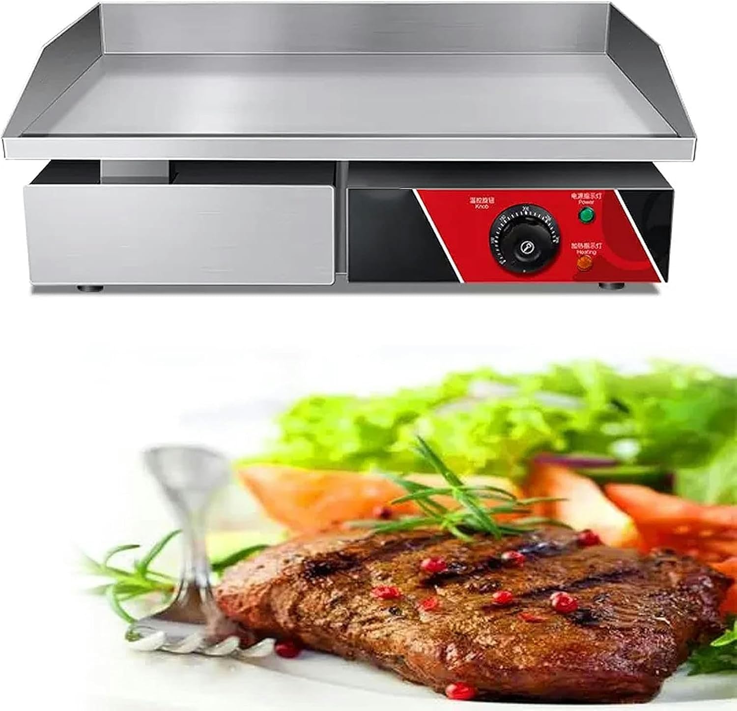 Commercial Large Electric Countertop Flat Top Griddle, Non-Stick Restaurant Teppanyaki Grill Kitchen Grill Counter Adjustable Temperature Control 122°F-572°F for Home Kitchen Barbecue