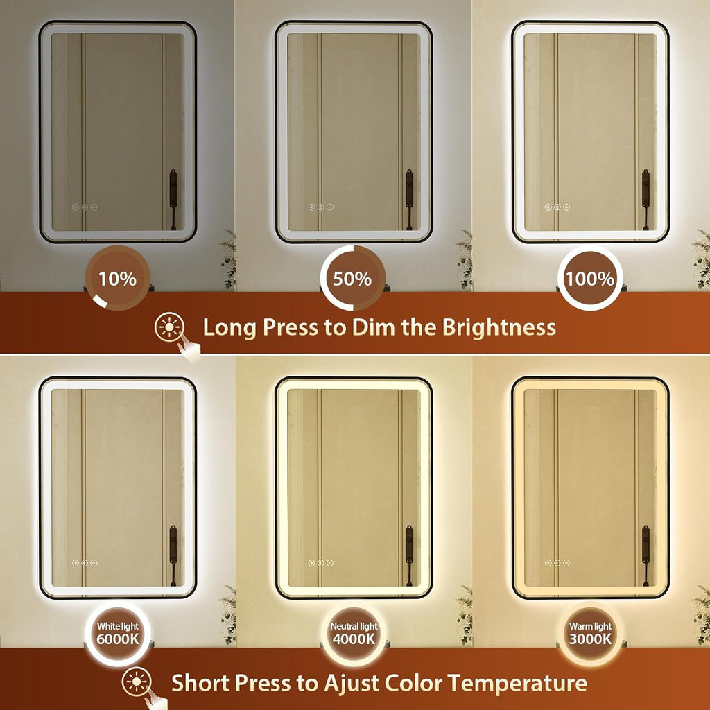 20x28 Inch Black Framed LED Bathroom Mirror with Lights, Built-in Bluetooth Speaker, Dimmable Lighted Bathroom Vanity Mirror with 3 Colors, Backlit + Frontlit, Memory, Anti-Fog