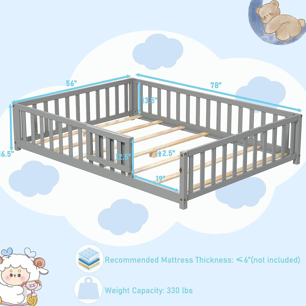 KOMFOTT Full Size Wood Floor Bed with Door & Fence, Montessori Bed Frame with Full Length Safety Guardrails, Slats Support, Door & Latch, Wooden Montessori Floor Bed, No Box Spring Needed (Grey)