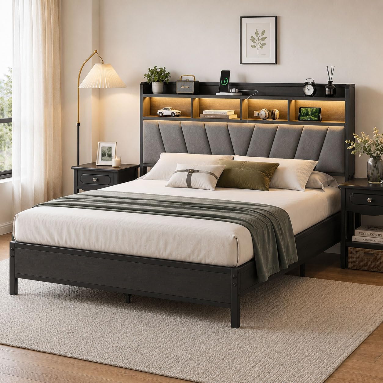 Full Bed Frame with Wood Headboard, Metal Platform Bed with LED Lights & Charging Station, 2-Tier Storage Shelves, Sturdy and Easy Assembly, Under Bed Space, No Box Spring Needed, Noise Free, Black