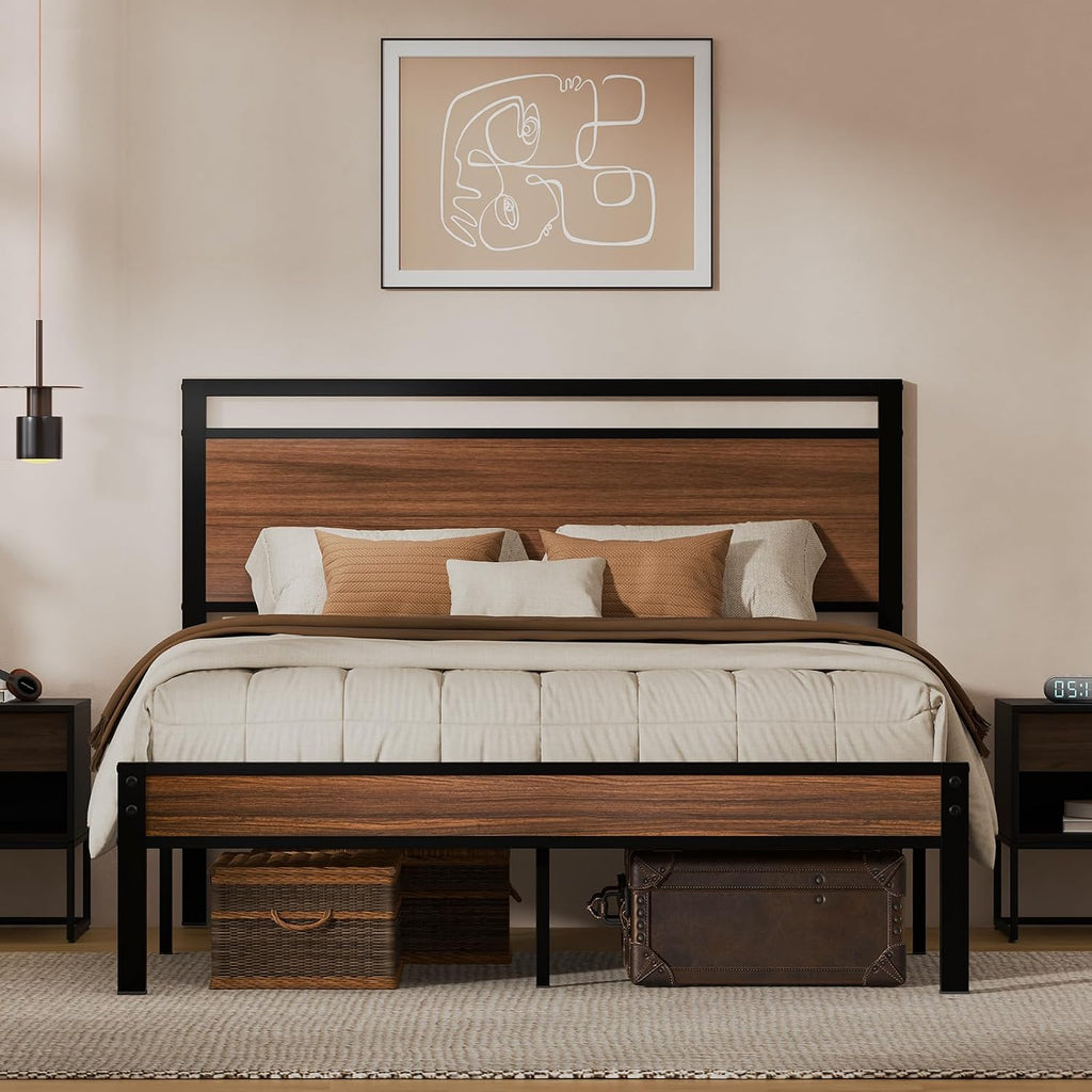 Easy Assembly Queen Bed Frame with Modern Wood Headboard & Footboard, Upgraded Heavy Duty Metal Sturdy Bed Frame Queen Size, Stable Platform Bed Furniture Bed Storage, No Noise, No Box Springs, Walnut
