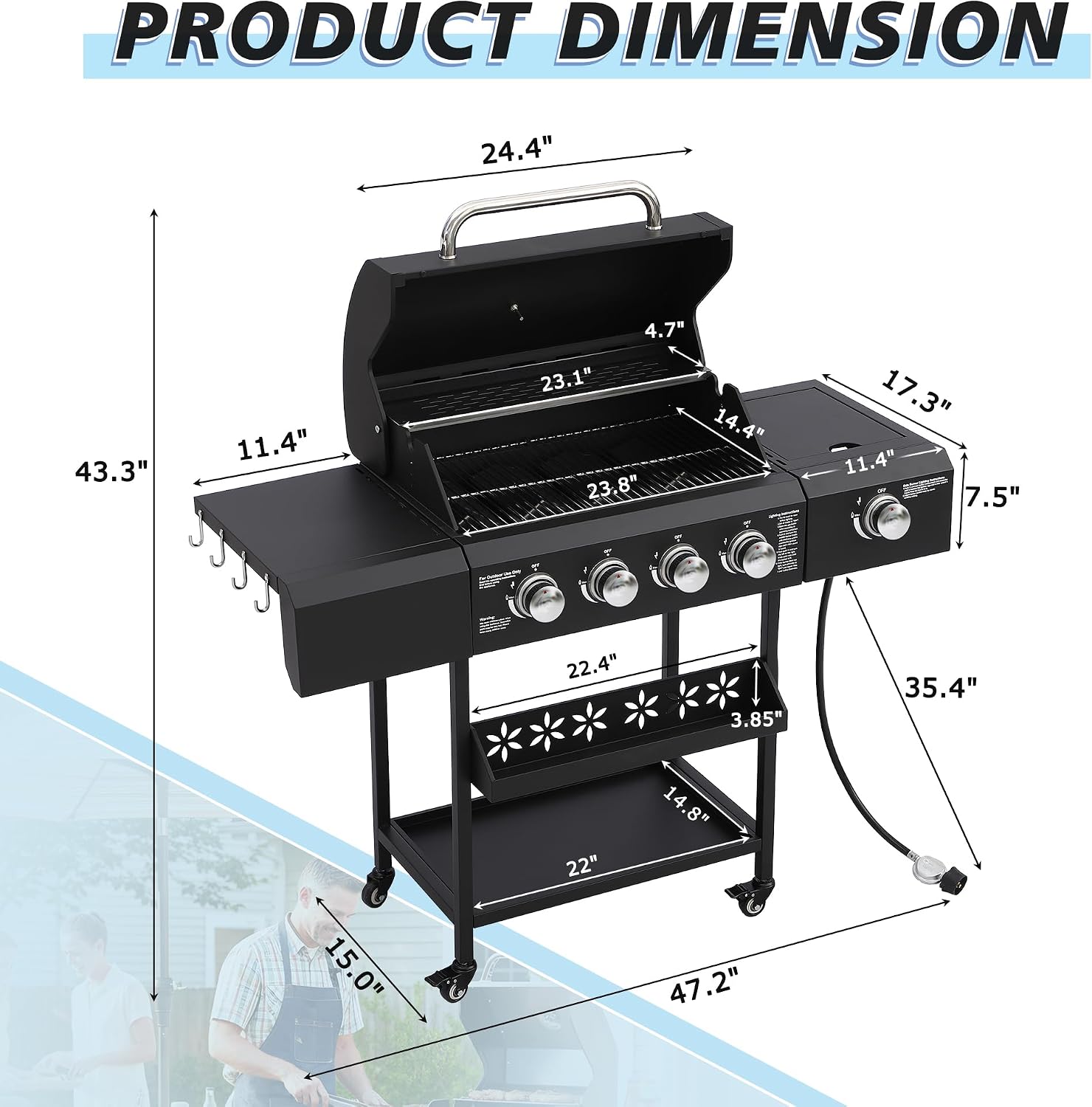 TITIMO 4 Burner Propane Gas Grill with Side Burner and Stainless Steel Grates, Portable Barbecue Grill with Side Table and Spice Rack, Outdoor Gas BBQ with Thermometer for Patio and Party, 50,000 BTU