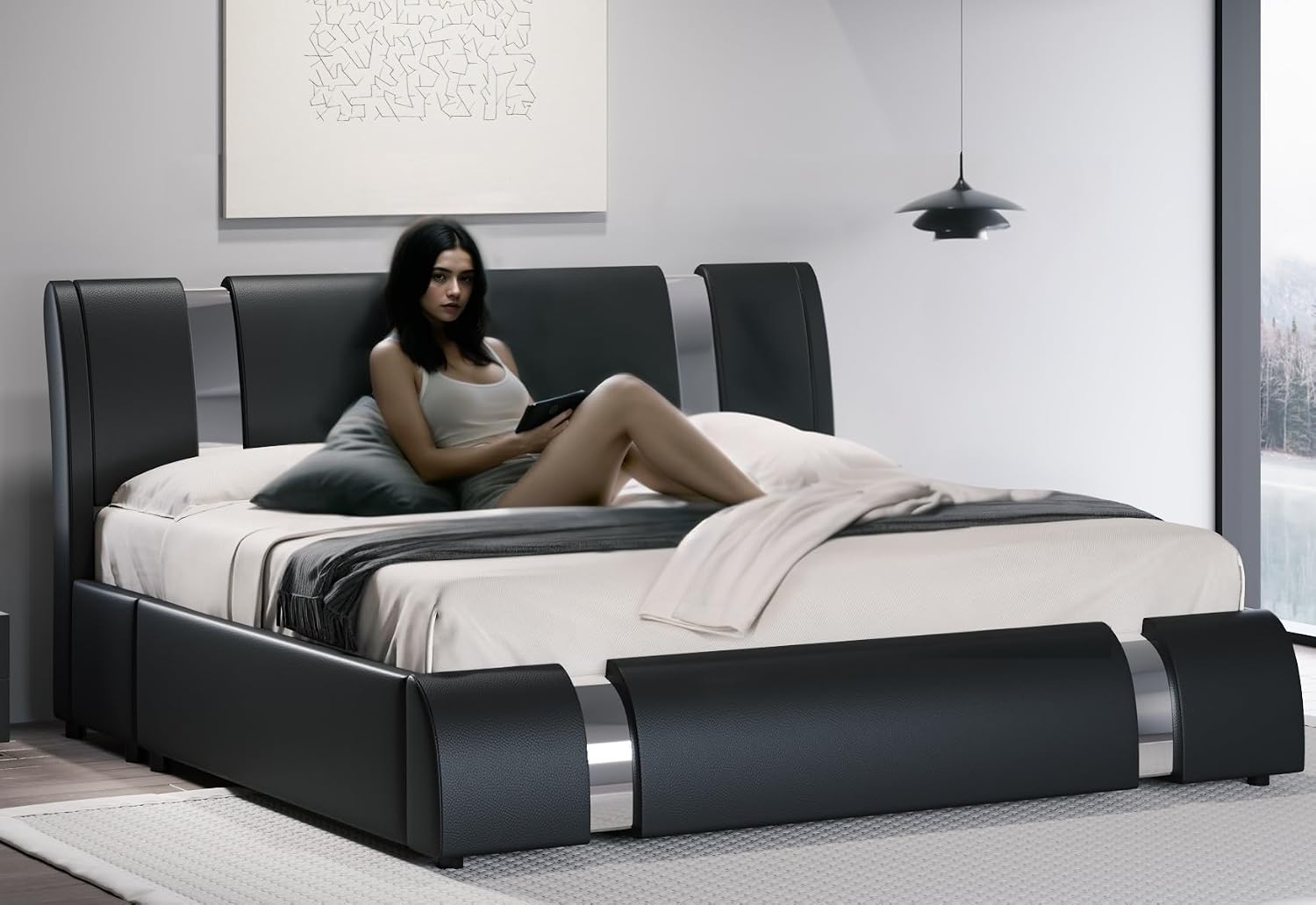 HOOMIC Modern King Faux Leather Bed Frame with Iron Pieces Decor, Low Profile Platform Bed with Height-Adjustable Headboard, Solid Wood Slat Support, No Box Spring Needed, Black