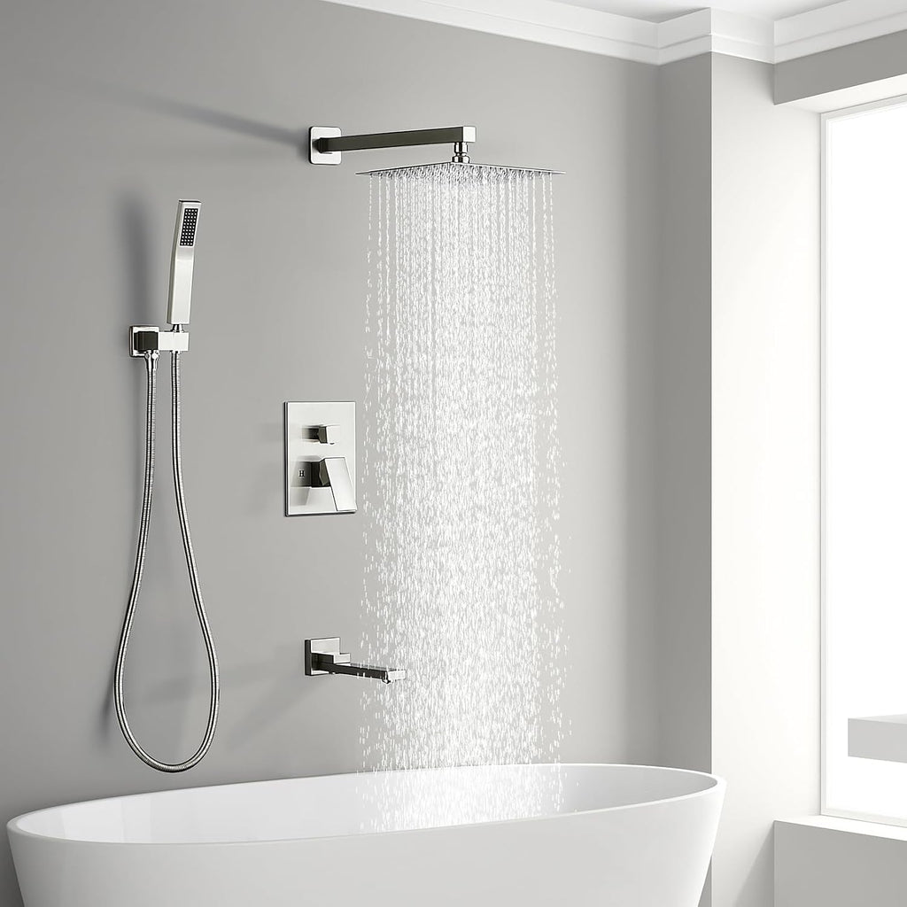 AVSIILE Shower Faucet Set with Tub Spout, Brushd Nickel Rain Shower Mixer Valve and Trim Kit System with Base Complete, Rainfall Modern Shower Head and Handheld Handle Set Combo for Bathroom, 10 Inch