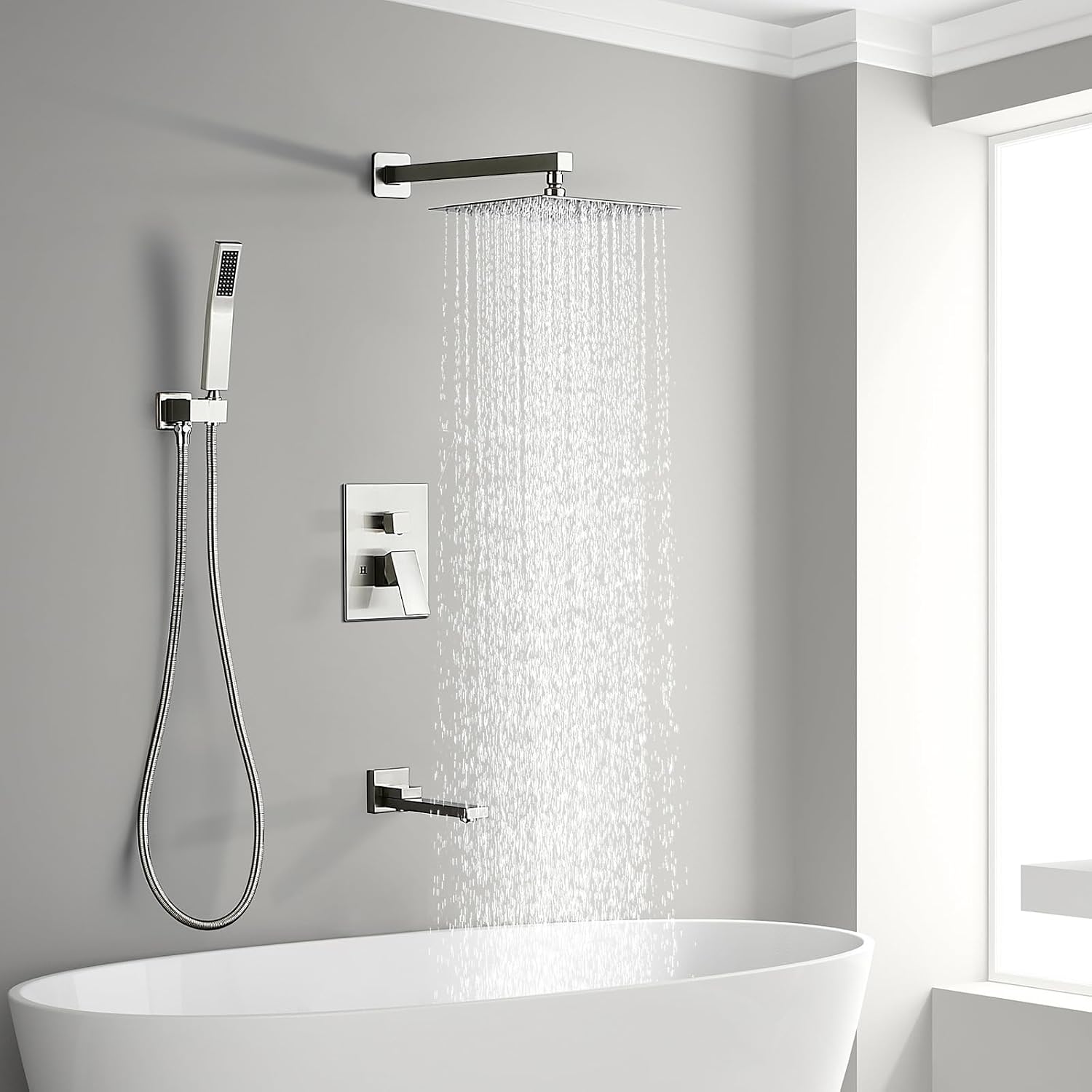 AVSIILE Shower Faucet Set with Tub Spout, Brushd Nickel Rain Shower Mixer Valve and Trim Kit System with Base Complete, Rainfall Modern Shower Head and Handheld Handle Set Combo for Bathroom, 10 Inch