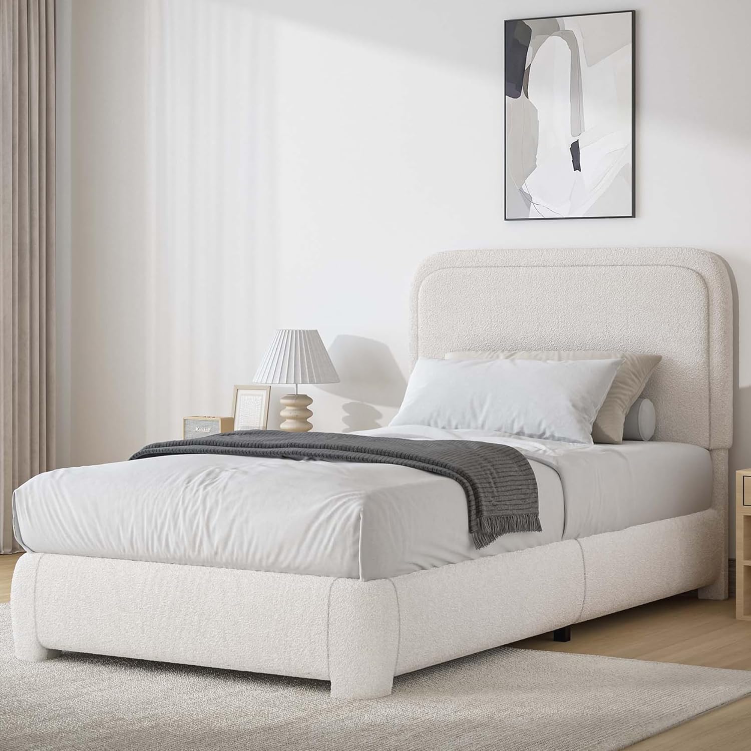 BarnFurin Twin Bed Frames,Cloud Boucle Upholstered Platform Bed Frame with Headboard, Soft Rounded Corners, Noise Free, Easy Assembly, Beige