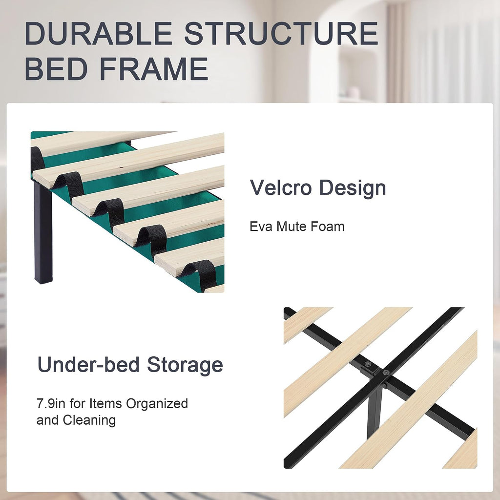 VECELO Queen Bed Frame, Platform Bed Frame with Adjustable Height Upholstered Headboard, Heavy-Duty Frames and Strong Wooden Slats Support, Non-Slip and Noise-Free, Easy Assembly, Dark Green