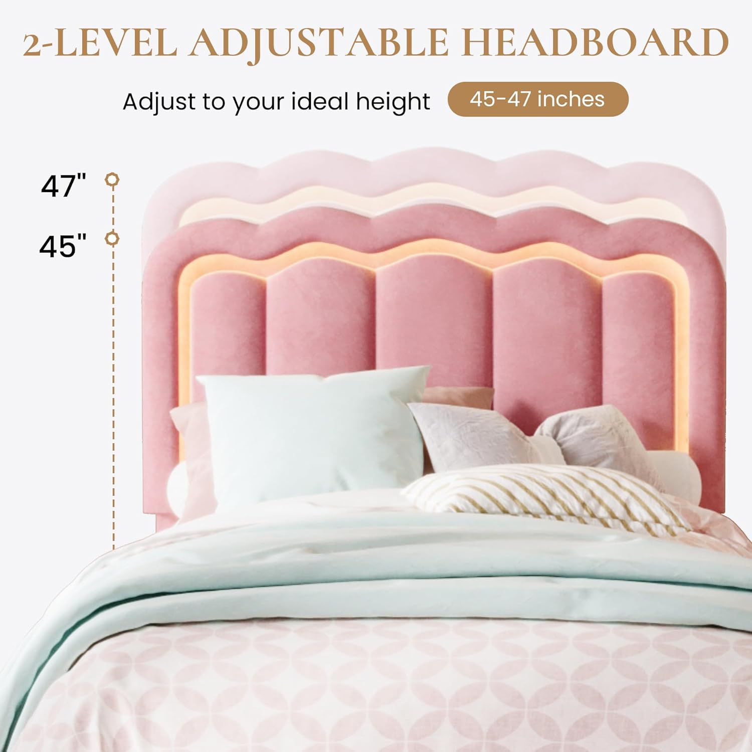 SHA CERLIN Upholstered Twin Size Bed Frame with LED Lights and Large Storage Drawer, Velvet Platform Bed with Adjustable Wavy Headboard, Noise Free, Easy Assembly, No Box Spring Needed, Soft Pink