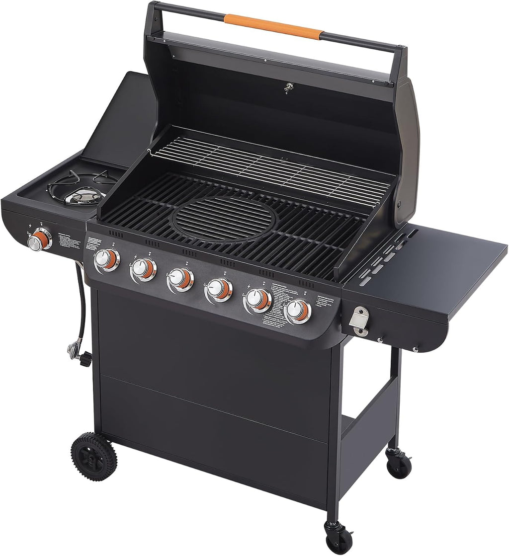 Black 6 Burner Propane Gas BBQ Grill with Side Burner, 72000 BTU Output Stainless Steel Barbecue Grill with Cast Iron Grates and Side Tables for Outdoor Cooking Patio Backyard (6+1 Cast Iron Grate)